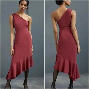 Anthropologie New Hutch Flounced Hem One Shoulder Midi Dress SZ Large Old Money